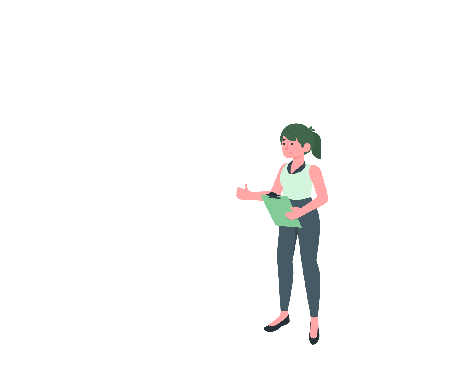 grey hooman with thumbs up and green clipboard illustration