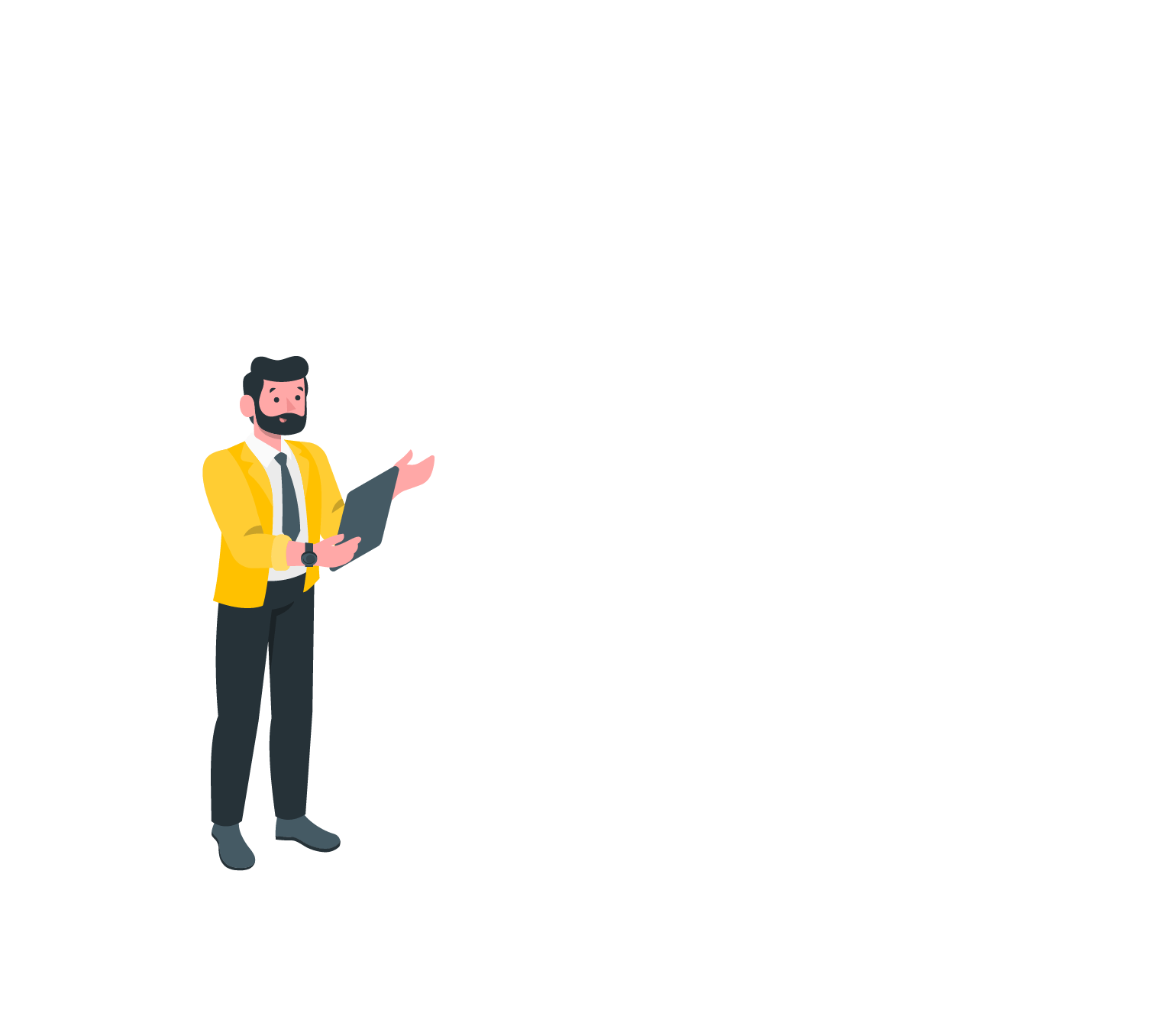 Bearded man in yellow blazer holidng a tablet animation element