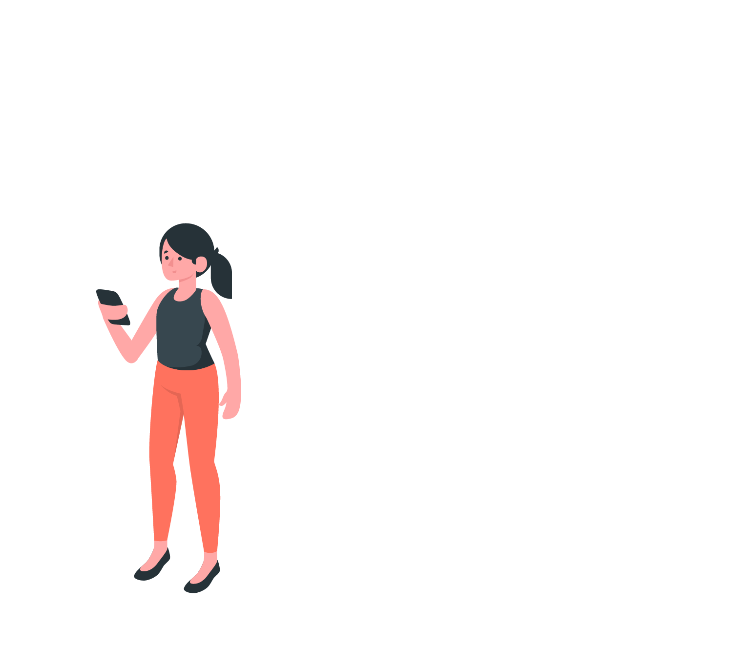 female in grey vest top with red trousers holding mobile phone animation element