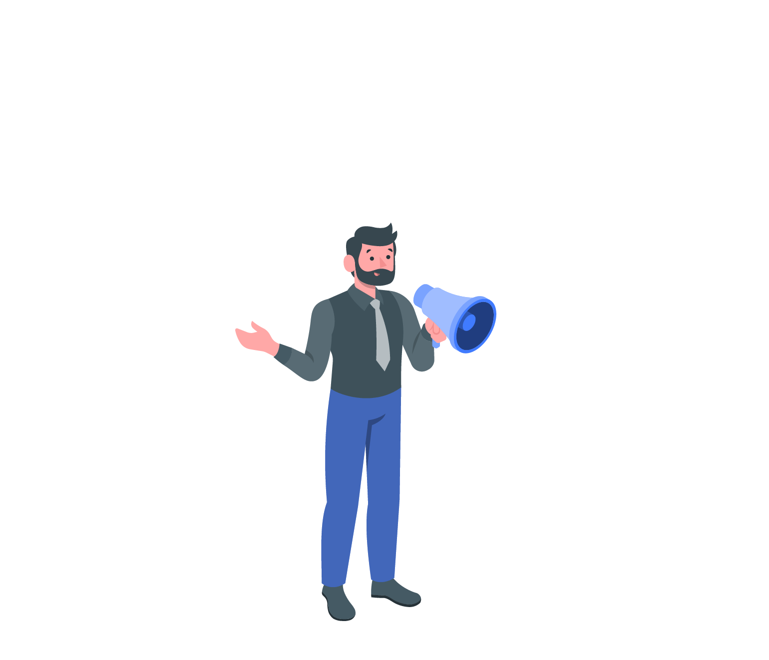 man in grey top with tie and blue trousers and megaphone animation element